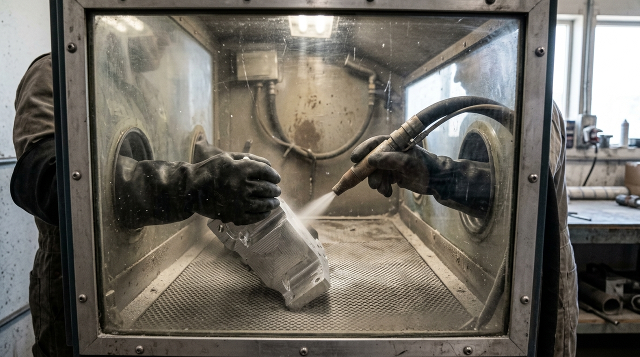 Bead blasting a CNC part inside a blasting cabinet