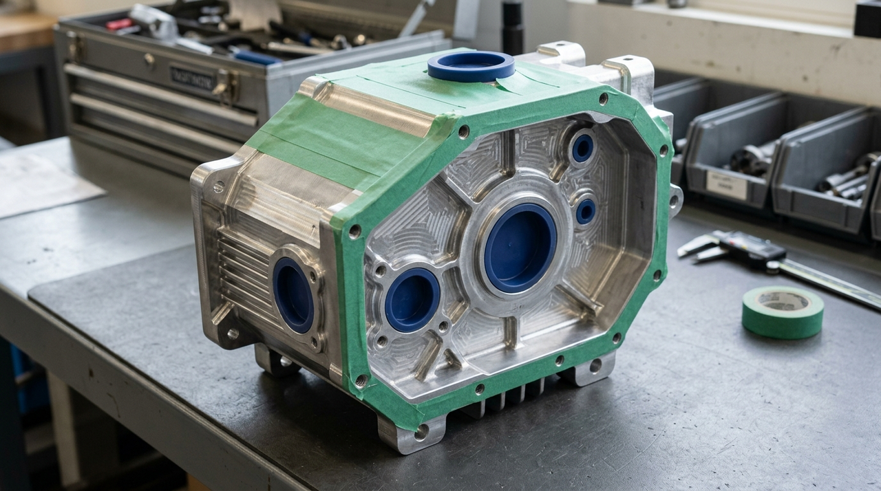 CNC housing with masking tape and plugs protecting precision features