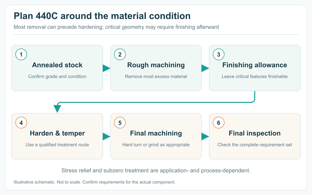 Six-stage 440C process route from annealed stock and rough machining through hardening, finishing and inspection